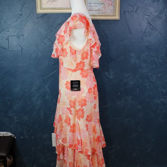 Lulus Cream & Hues of Pink Chiffon Maxi Dress Women's Floral Ruffled Size L - Picture 8 of 13
